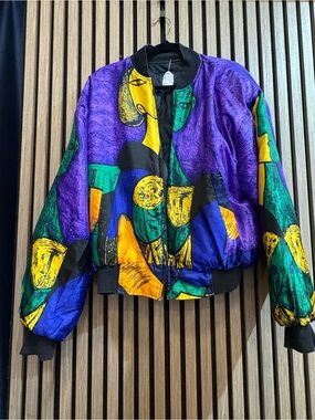 Colorblock Abstract Print Bomber Jacket - Purple/Green/Yellow